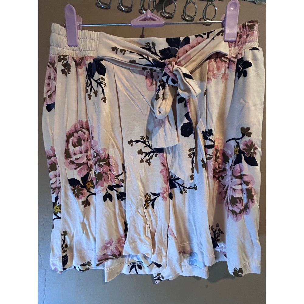 Lascana Floral Tie Waist Shorts Women 6 Pink Cream Navy Excellent Jersey Knit